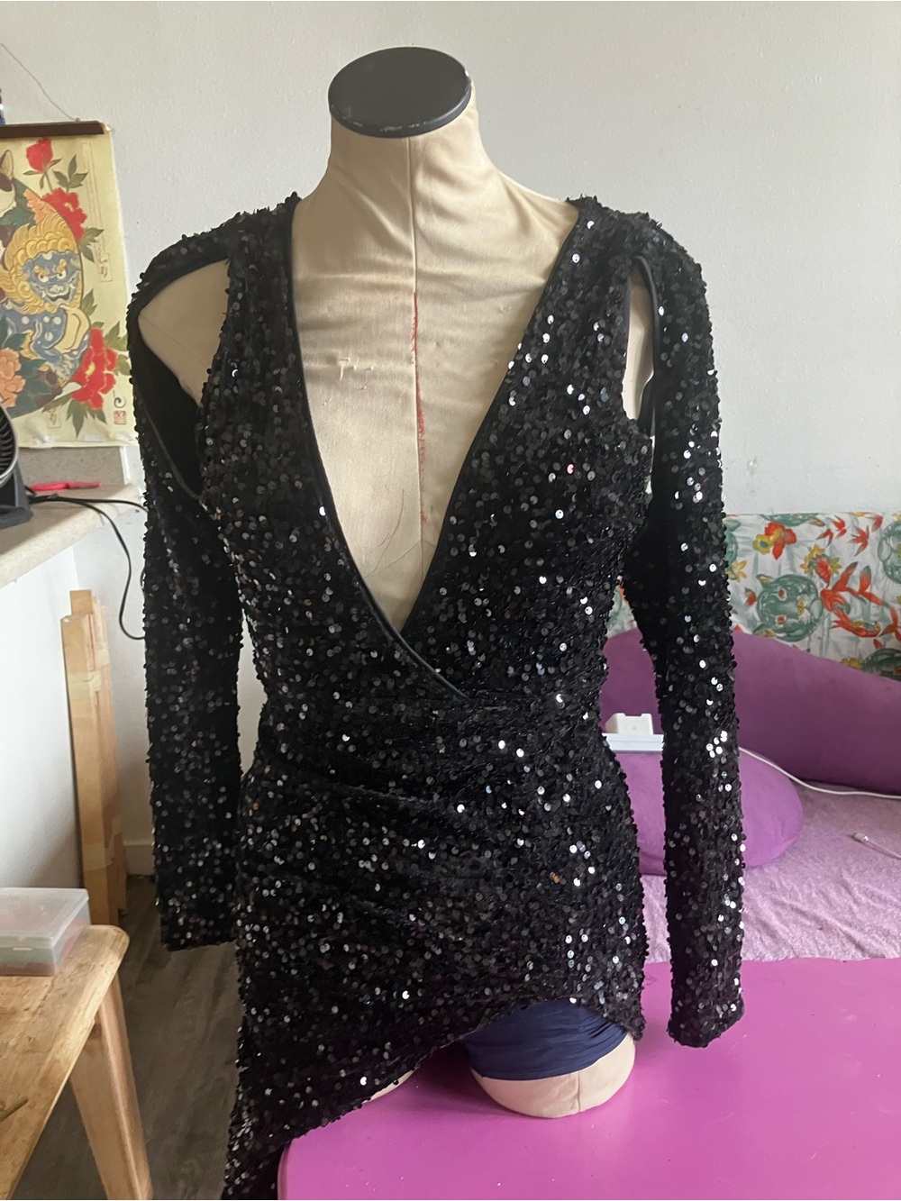 Fashion Nova Black Sequin Asymmetrical Wrap Dress